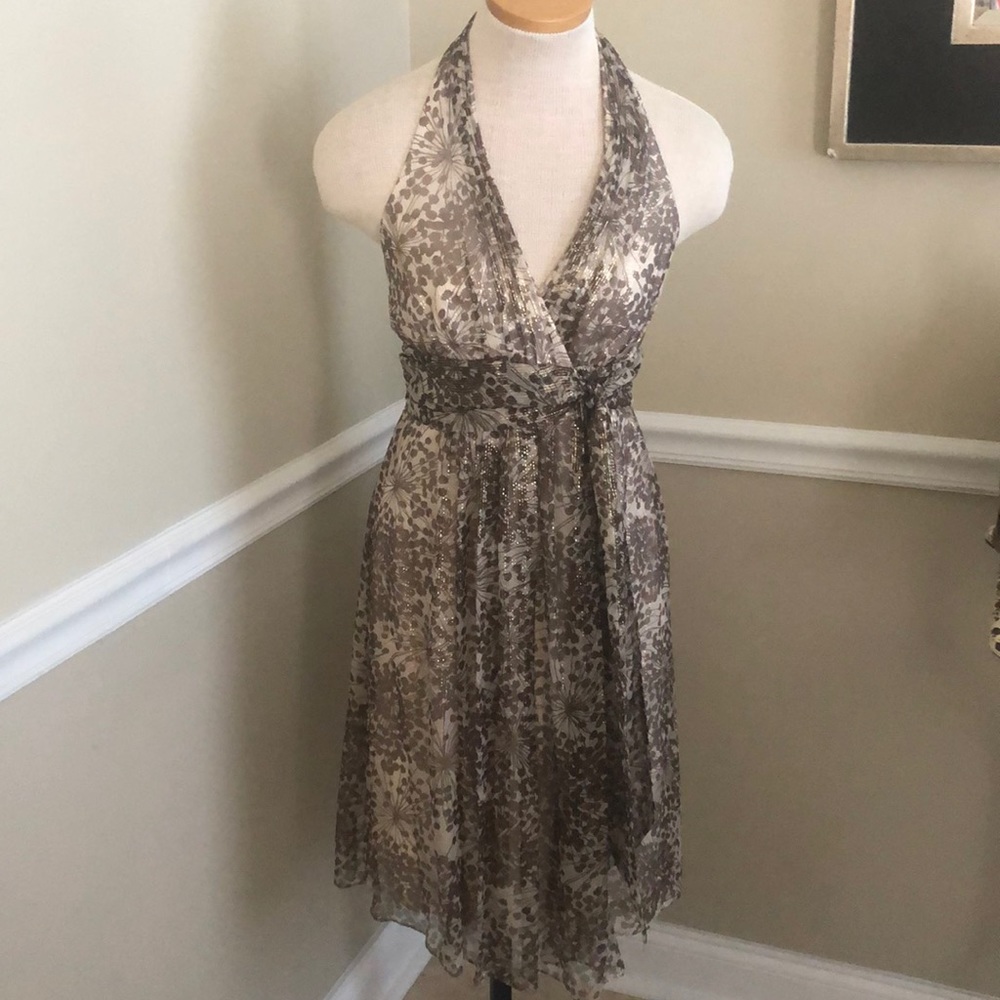 BCBG Silk brown ivory metallic Dress Sz 4